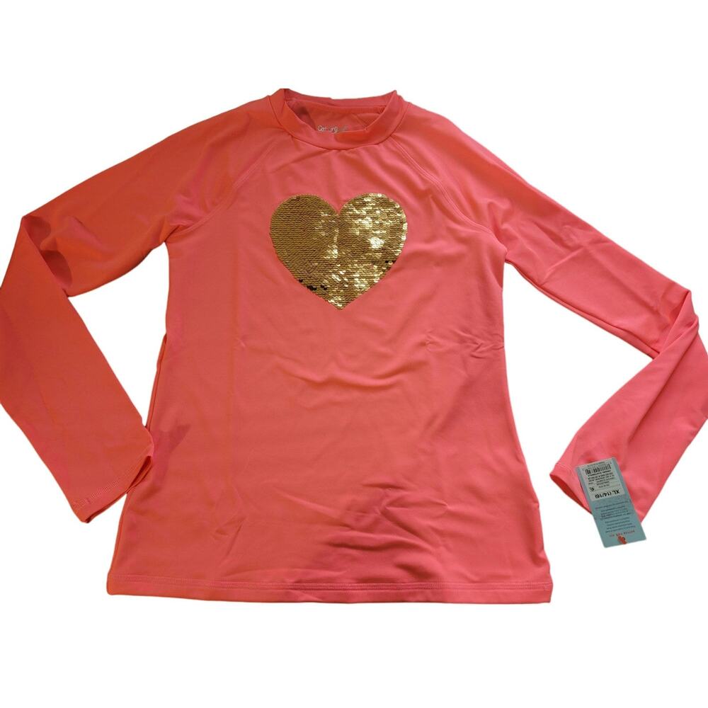 Cat & Jack Flip Sequin Heart Rash Guard Kids XL 14/16 Coral NWT
